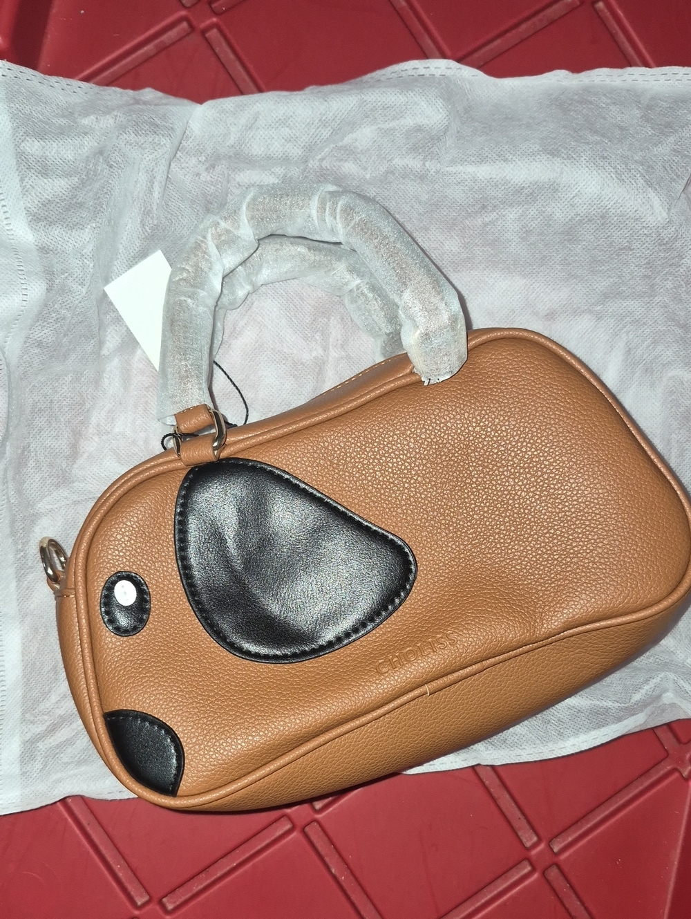 Women's Tan Pebbled Leather Top-Handle Bag with Puppy Dog Face Nwt.